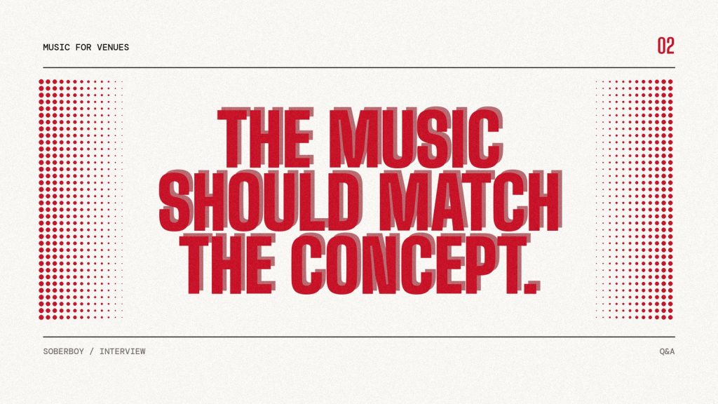 Poster reading "The music should match the concept." in heavy red type on paper.